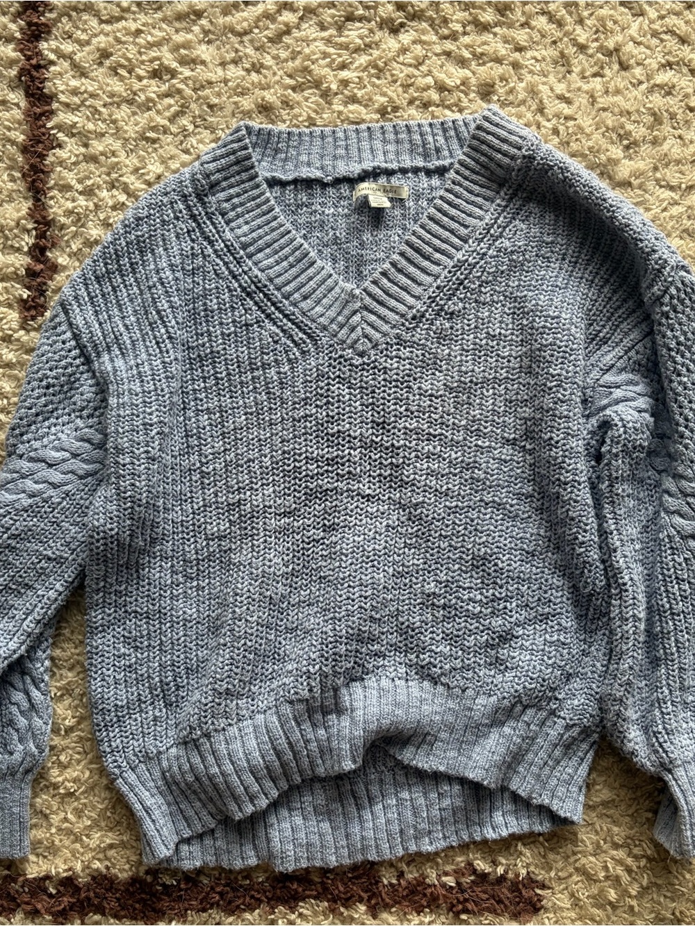 American Eagle Outfitters Light Blue V-Neck Cable Sleeve Sweater